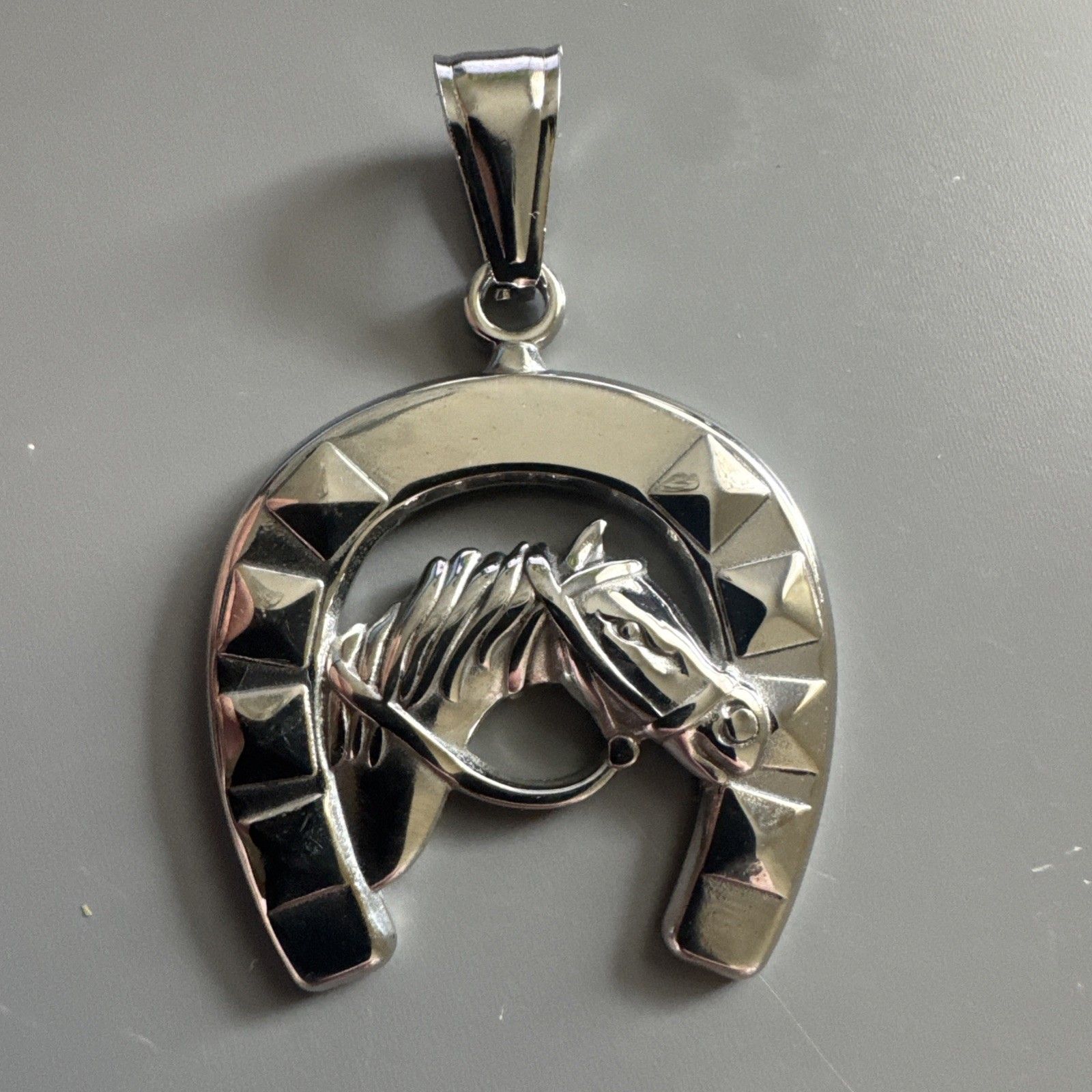 Horse Shoe Silver Plated Stainless Steel Pendant 24 Inch Chain Mens Racing Gift 15$